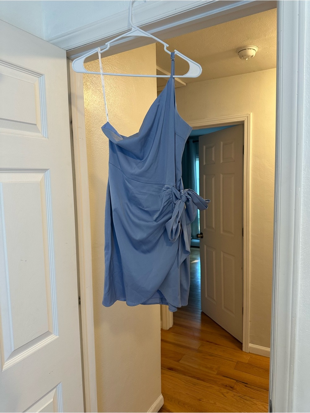 Lulu's Steel Blue One-Shoulder Mini Dress with Side Bow